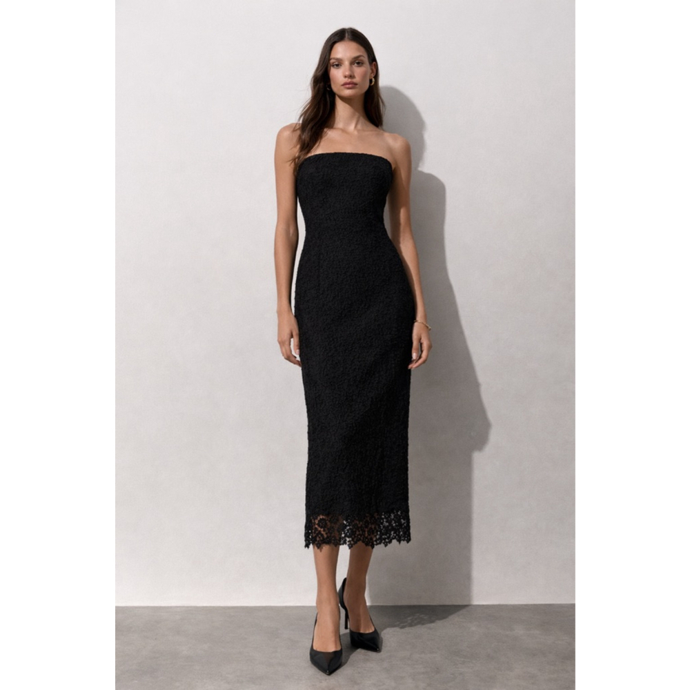 NWT 2021 ZARA Black Strapless Lace Midi Dress S